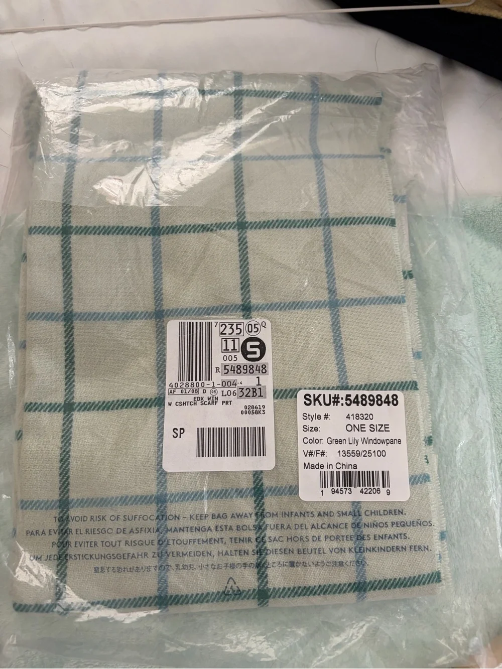 Lands' End Cream & Teal Windowpane Scarf